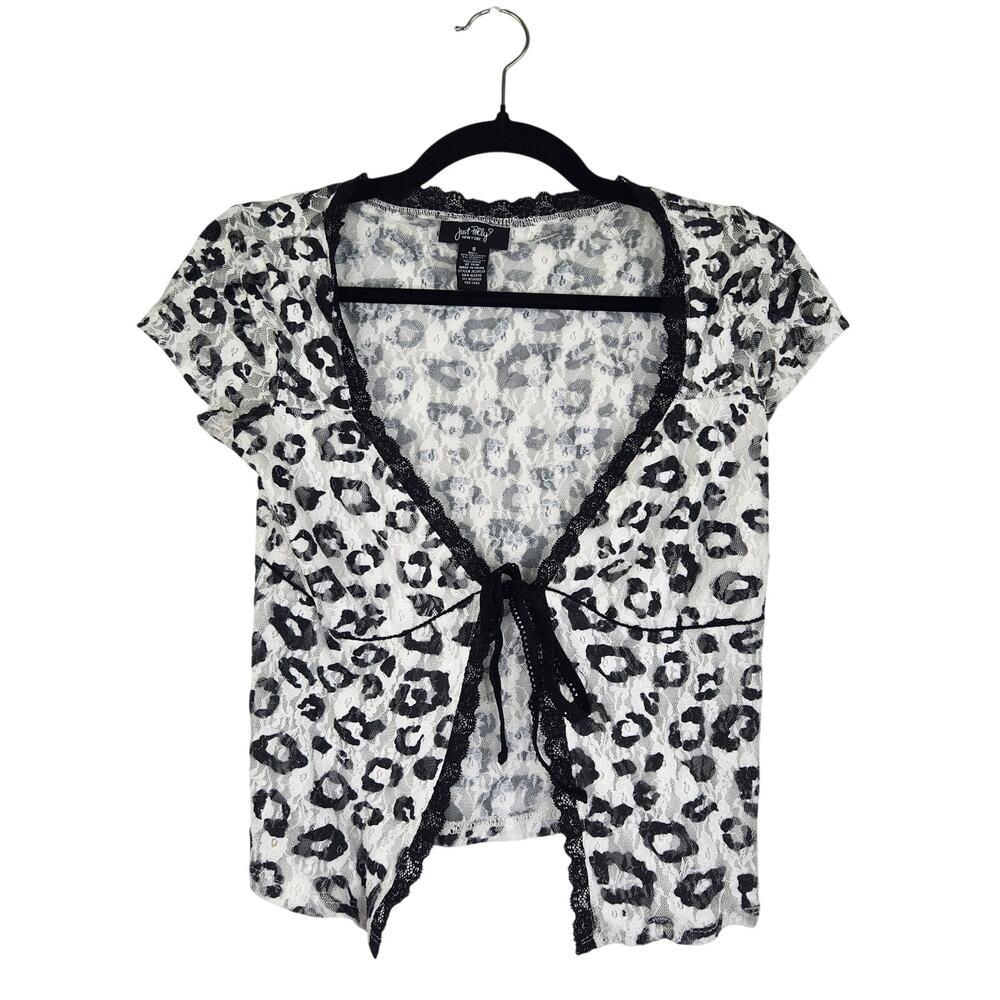 Just Polly New York Black White Sheer Leopard Print Top Women's Small 90s Y2K
